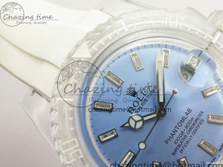 KZF Best Transparent on Phantomlab Rubber Edition VR3135 Dial Blue Light Strap White Submariner 0219